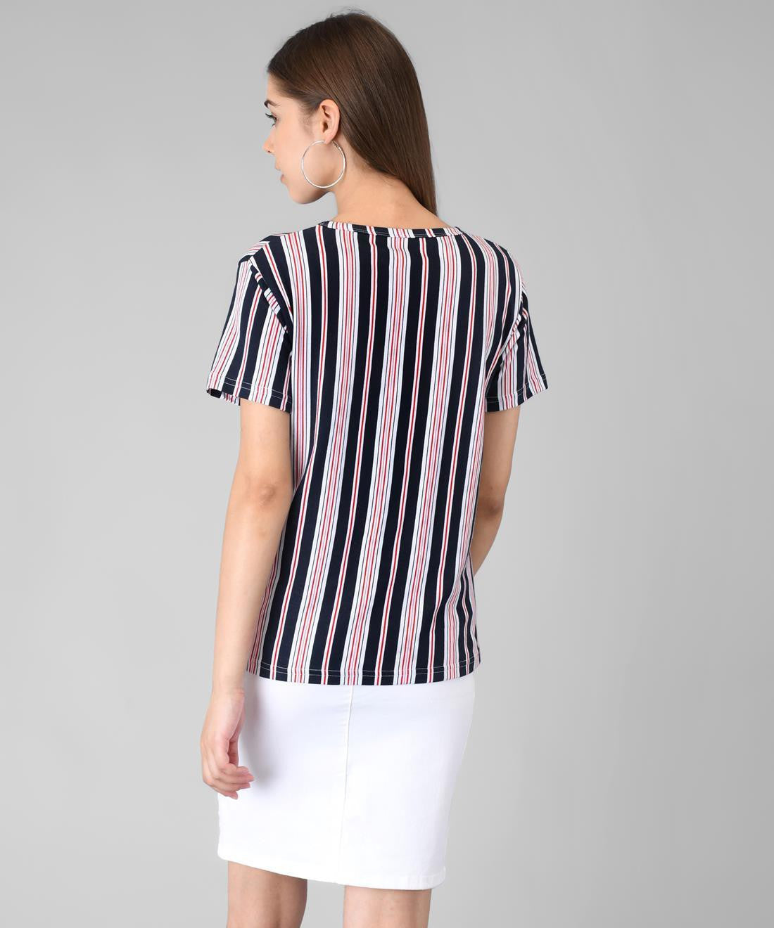 KOTTY Striped Women Round Neck Black T-Shirt 