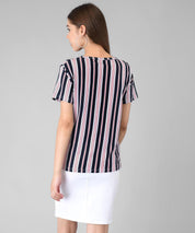 KOTTY Striped Women Round Neck Black T-Shirt 