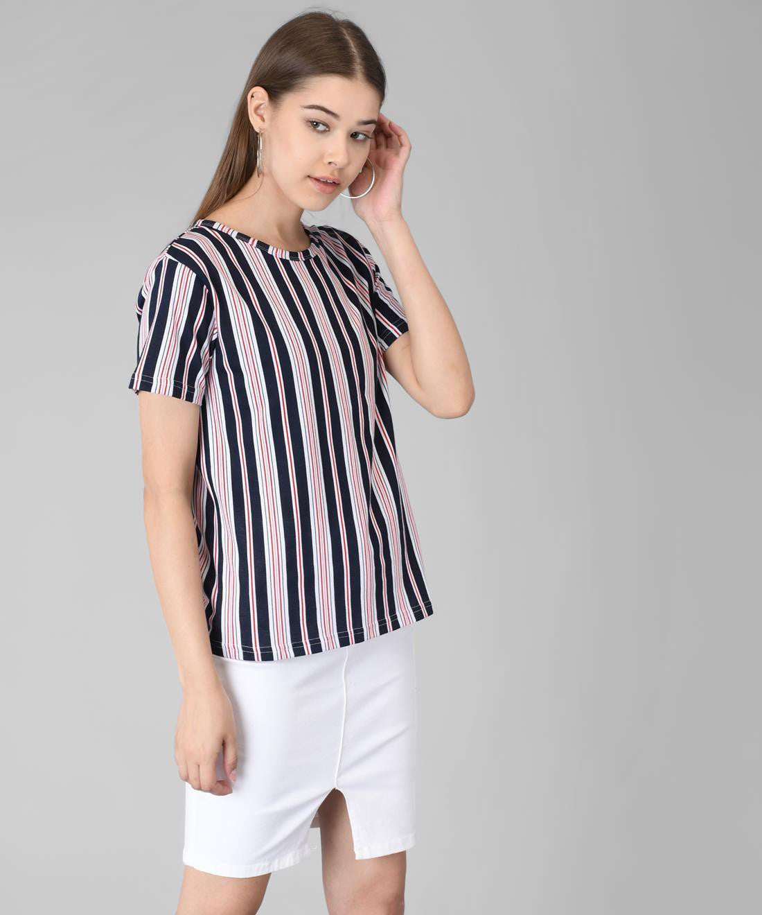 KOTTY Striped Women Round Neck Black T-Shirt 