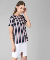 KOTTY Striped Women Round Neck Black T-Shirt 