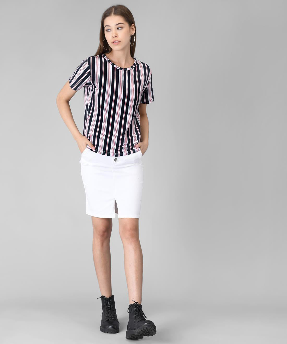 KOTTY Striped Women Round Neck Black T-Shirt 