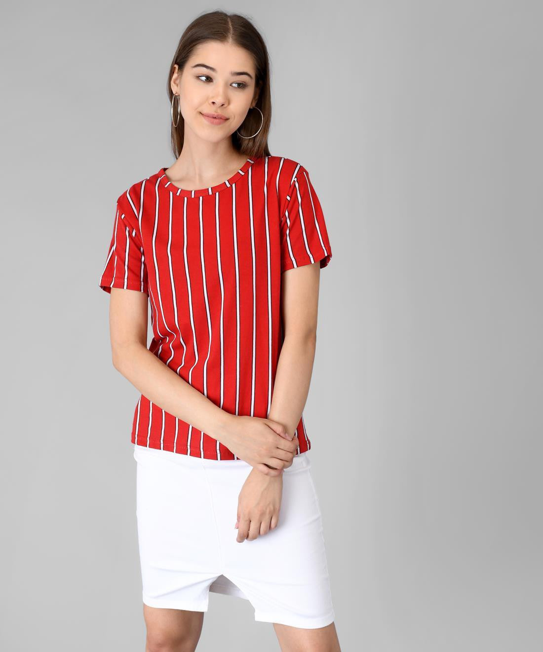 KOTTY Red Striped Cotton Women T-Shirt