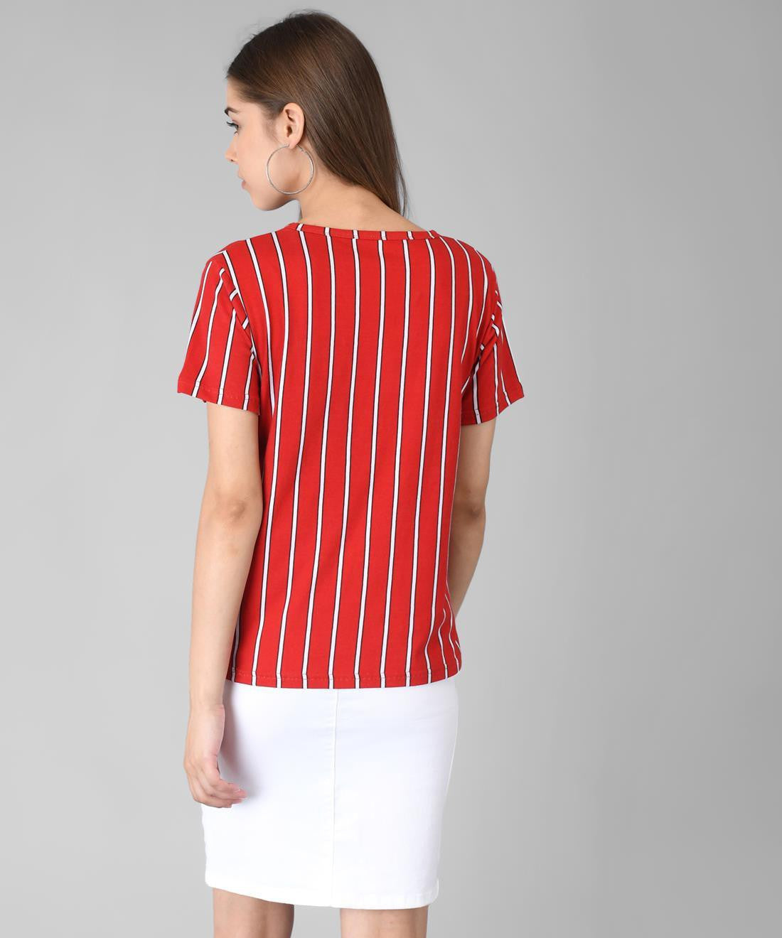 KOTTY Red Striped Cotton Women T-Shirt