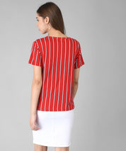 KOTTY Red Striped Cotton Women T-Shirt