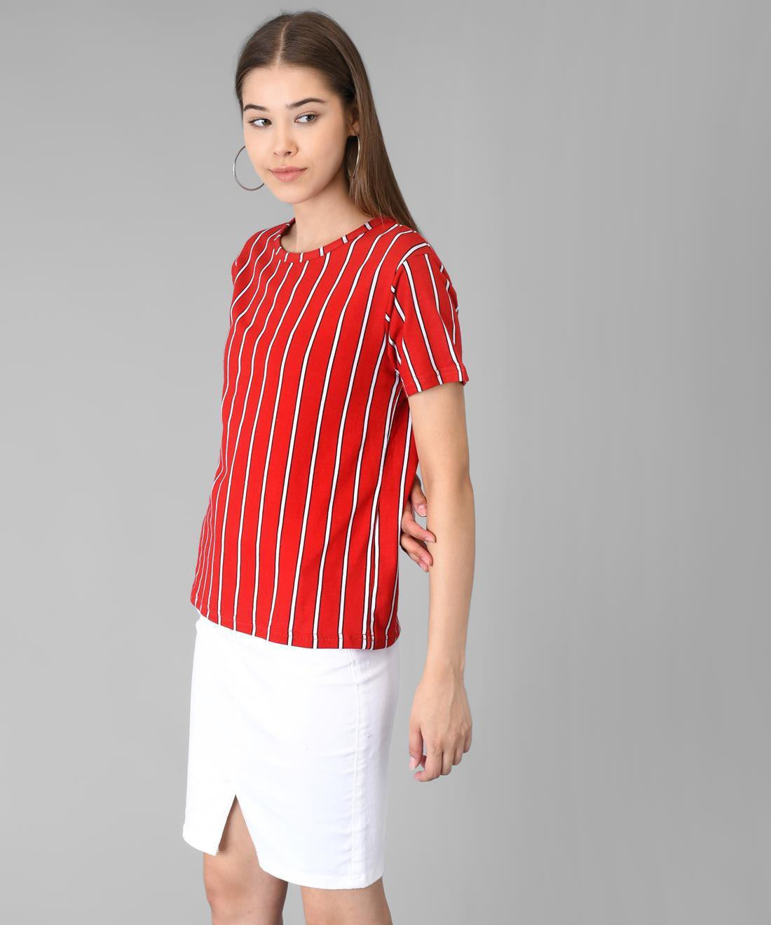 KOTTY Red Striped Cotton Women T-Shirt