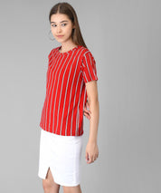 KOTTY Red Striped Cotton Women T-Shirt