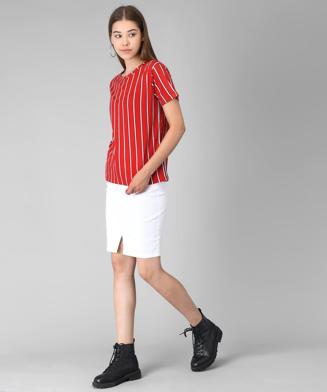 KOTTY Red Striped Cotton Women T-Shirt