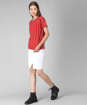 KOTTY Red Striped Cotton Women T-Shirt