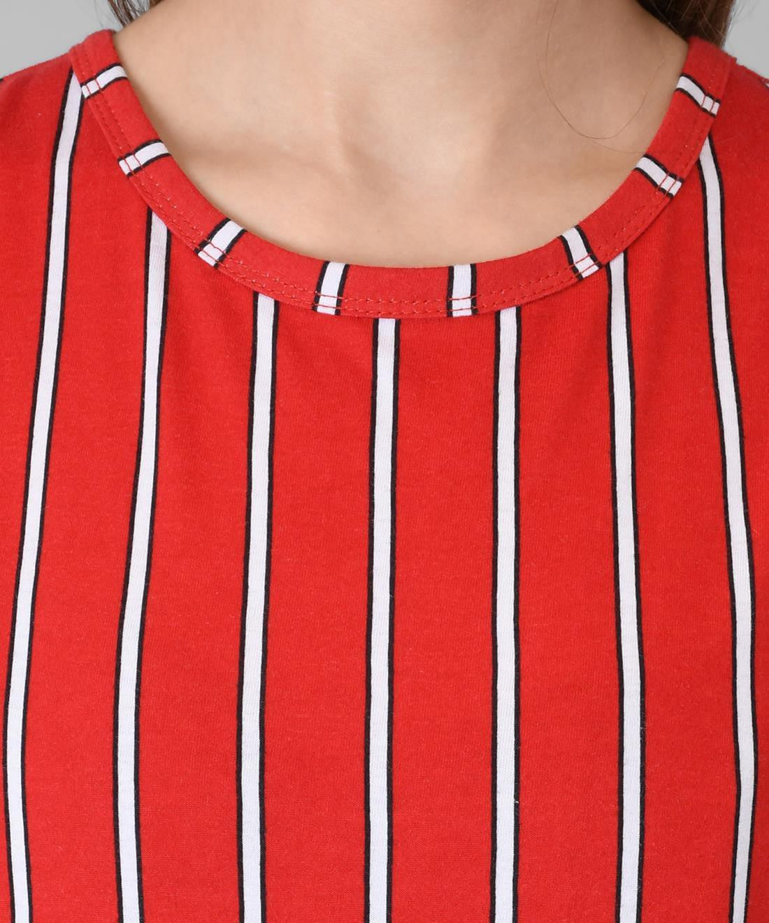KOTTY Red Striped Cotton Women T-Shirt