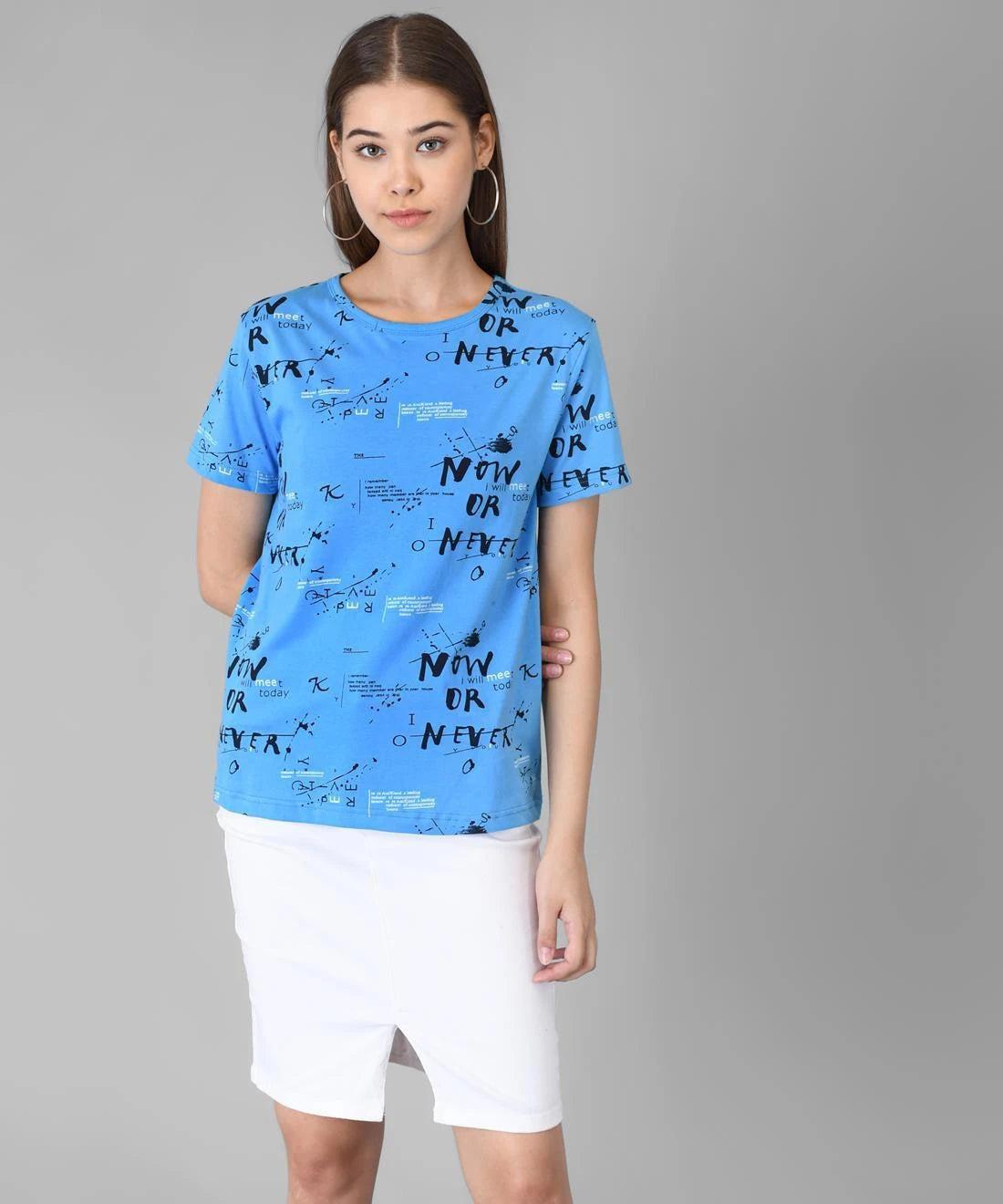 KOTTY Printed Women Round Neck Light Blue T-Shirt 