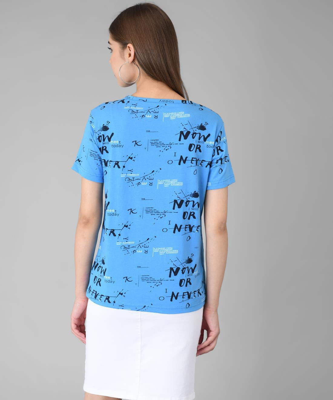 KOTTY Printed Women Round Neck Light Blue T-Shirt 