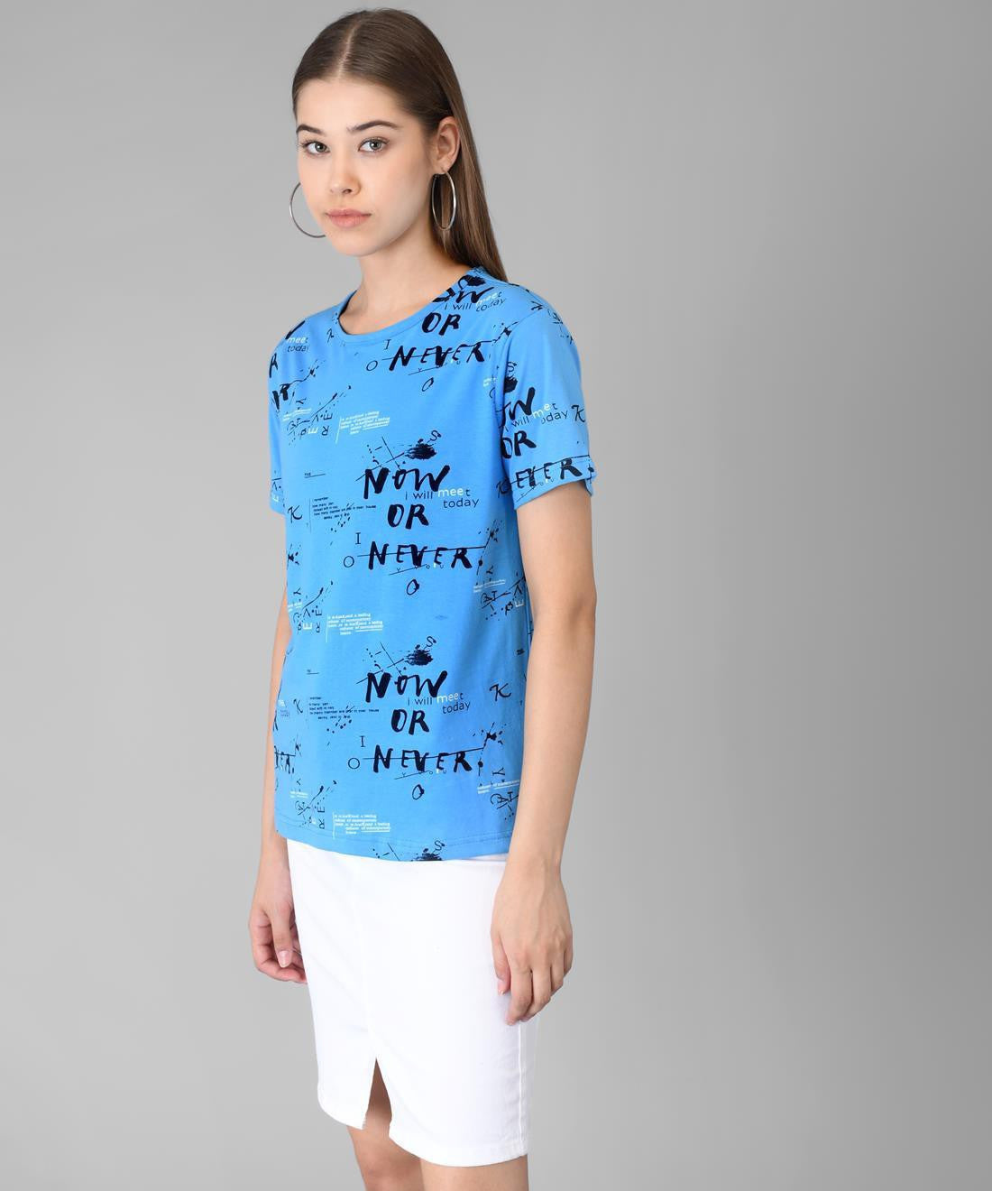KOTTY Printed Women Round Neck Light Blue T-Shirt 