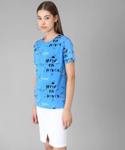 KOTTY Printed Women Round Neck Light Blue T-Shirt 