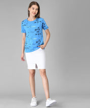 KOTTY Printed Women Round Neck Light Blue T-Shirt 