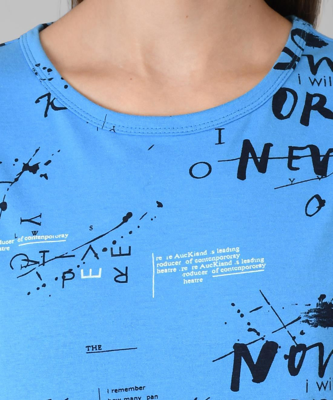 KOTTY Printed Women Round Neck Light Blue T-Shirt 