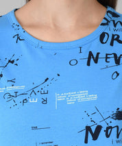 KOTTY Printed Women Round Neck Light Blue T-Shirt 