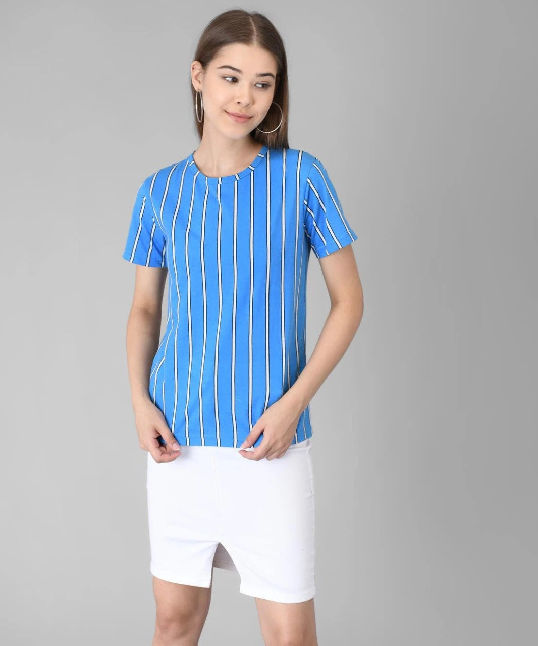 KOTTY Striped Women Round Neck Blue T-Shirt 