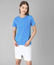 KOTTY Striped Women Round Neck Blue T-Shirt 