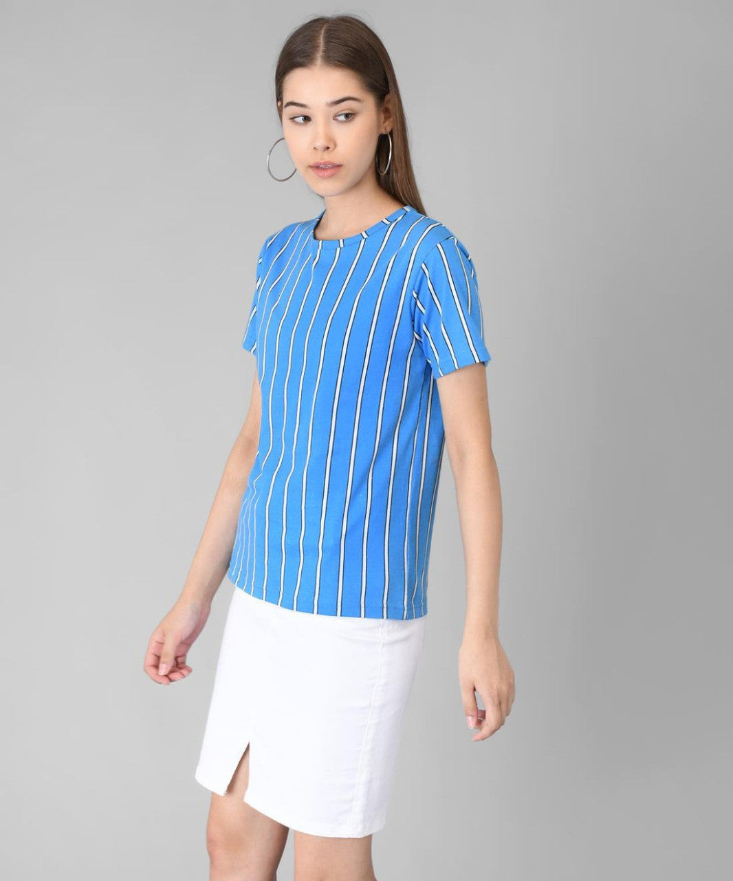 KOTTY Striped Women Round Neck Blue T-Shirt 