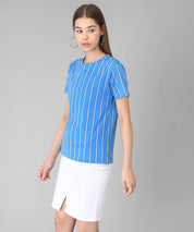 KOTTY Striped Women Round Neck Blue T-Shirt 