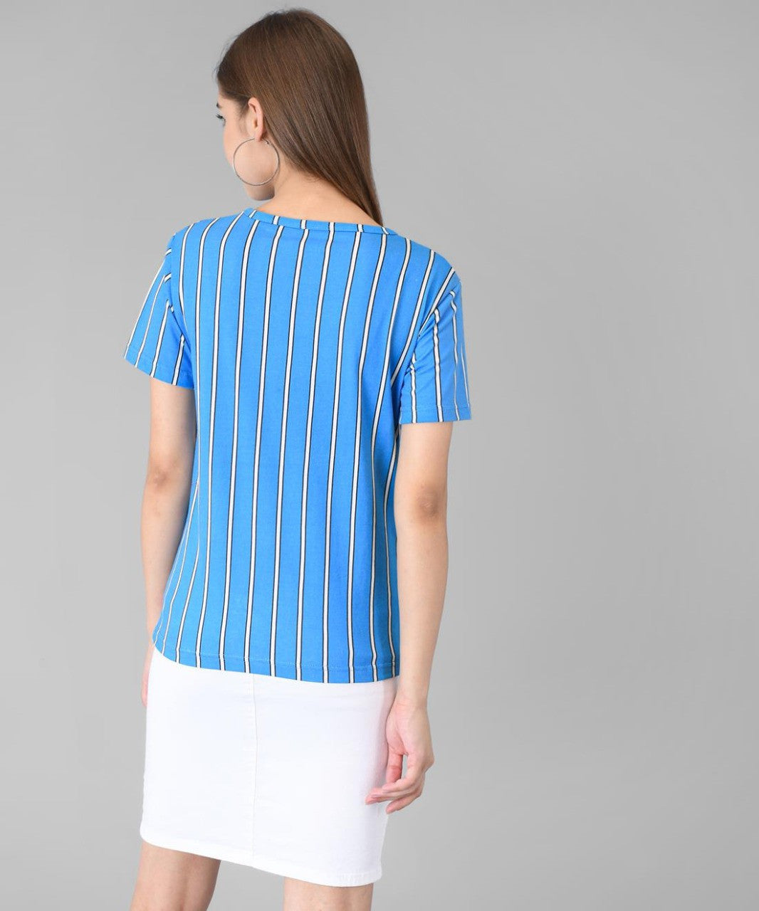 KOTTY Striped Women Round Neck Blue T-Shirt 
