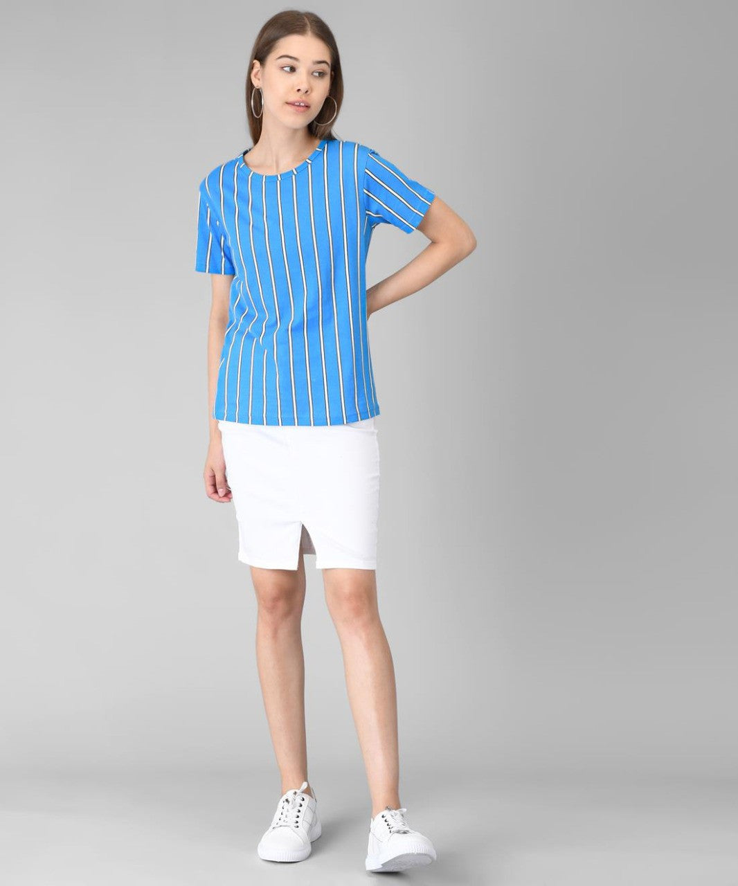 KOTTY Striped Women Round Neck Blue T-Shirt 