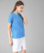 KOTTY Striped Women Round Neck Blue T-Shirt 