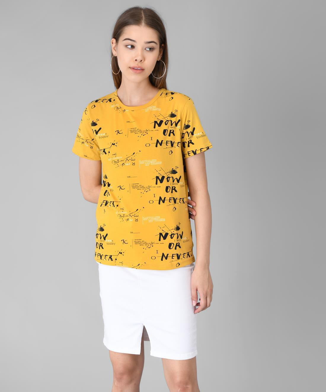KOTTY Printed Women Round Neck Yellow T-Shirt 