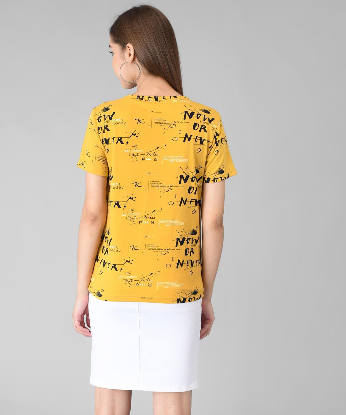 KOTTY Printed Women Round Neck Yellow T-Shirt 
