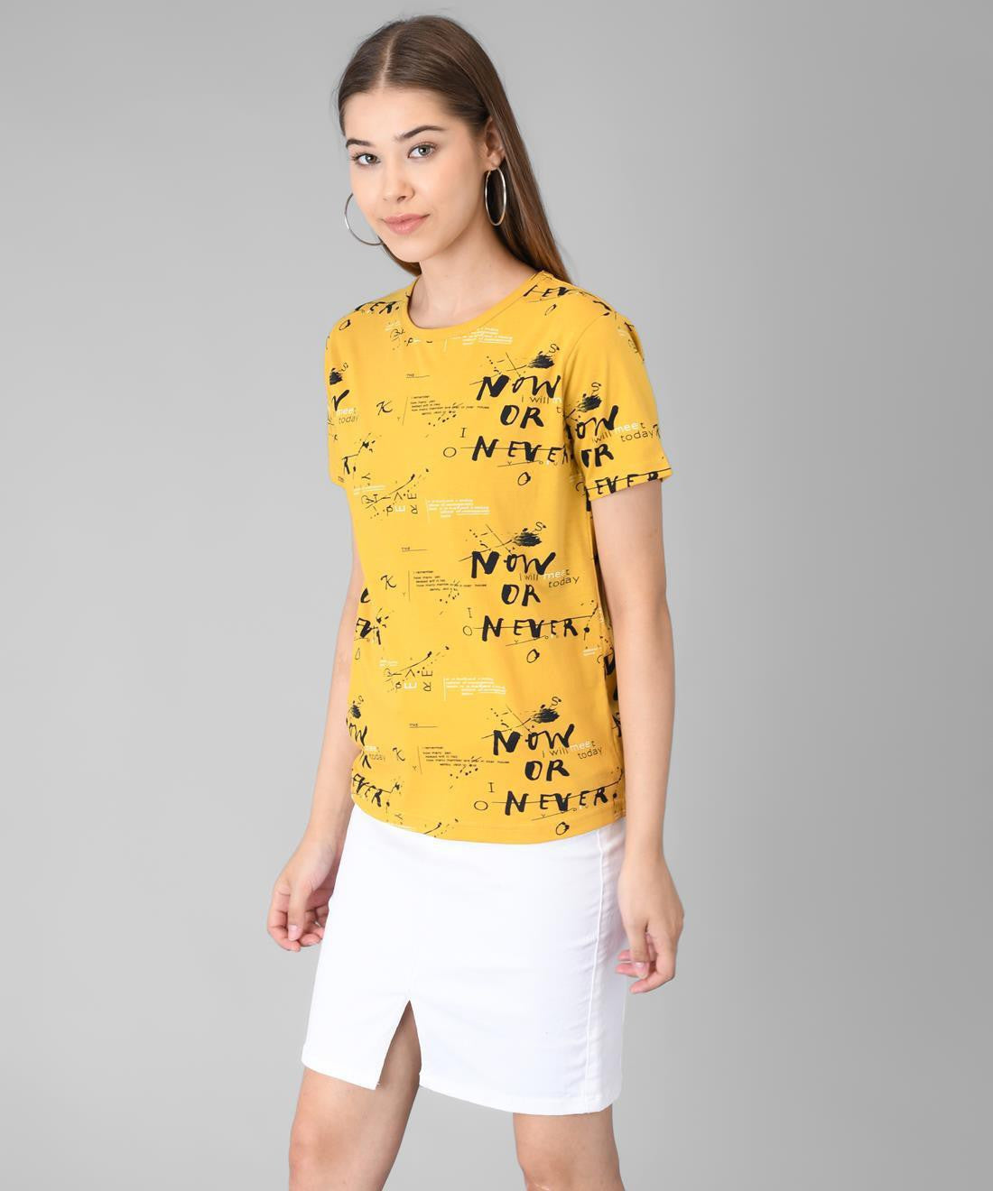 KOTTY Printed Women Round Neck Yellow T-Shirt 