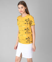 KOTTY Printed Women Round Neck Yellow T-Shirt 