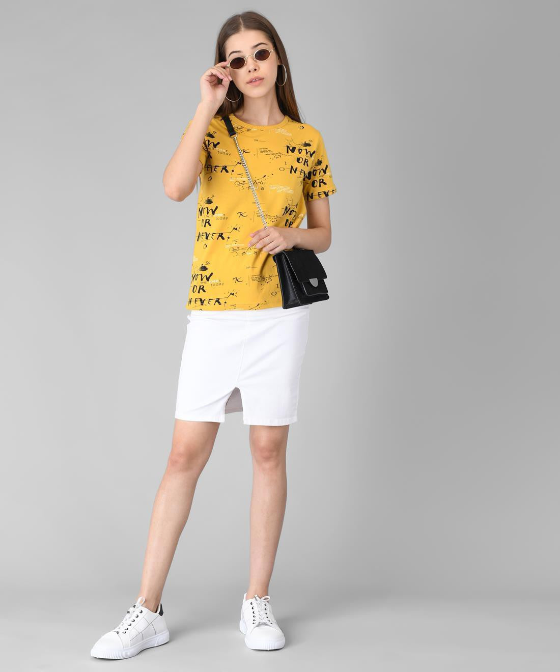 KOTTY Printed Women Round Neck Yellow T-Shirt 