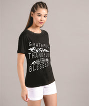 KOTTY Printed Women Round Neck Black T-Shirt 