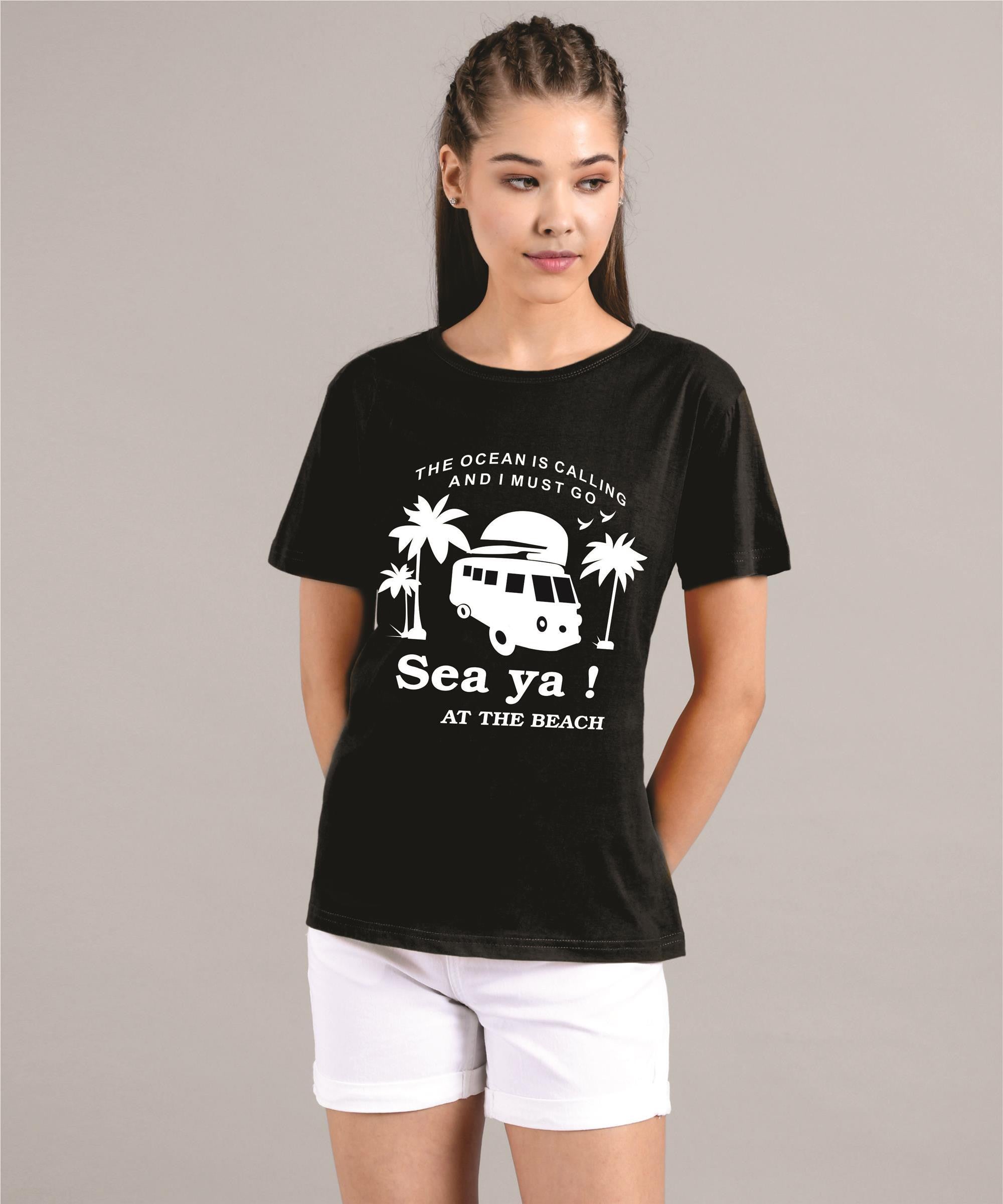 KOTTY Printed Women Round Neck Black T-Shirt 