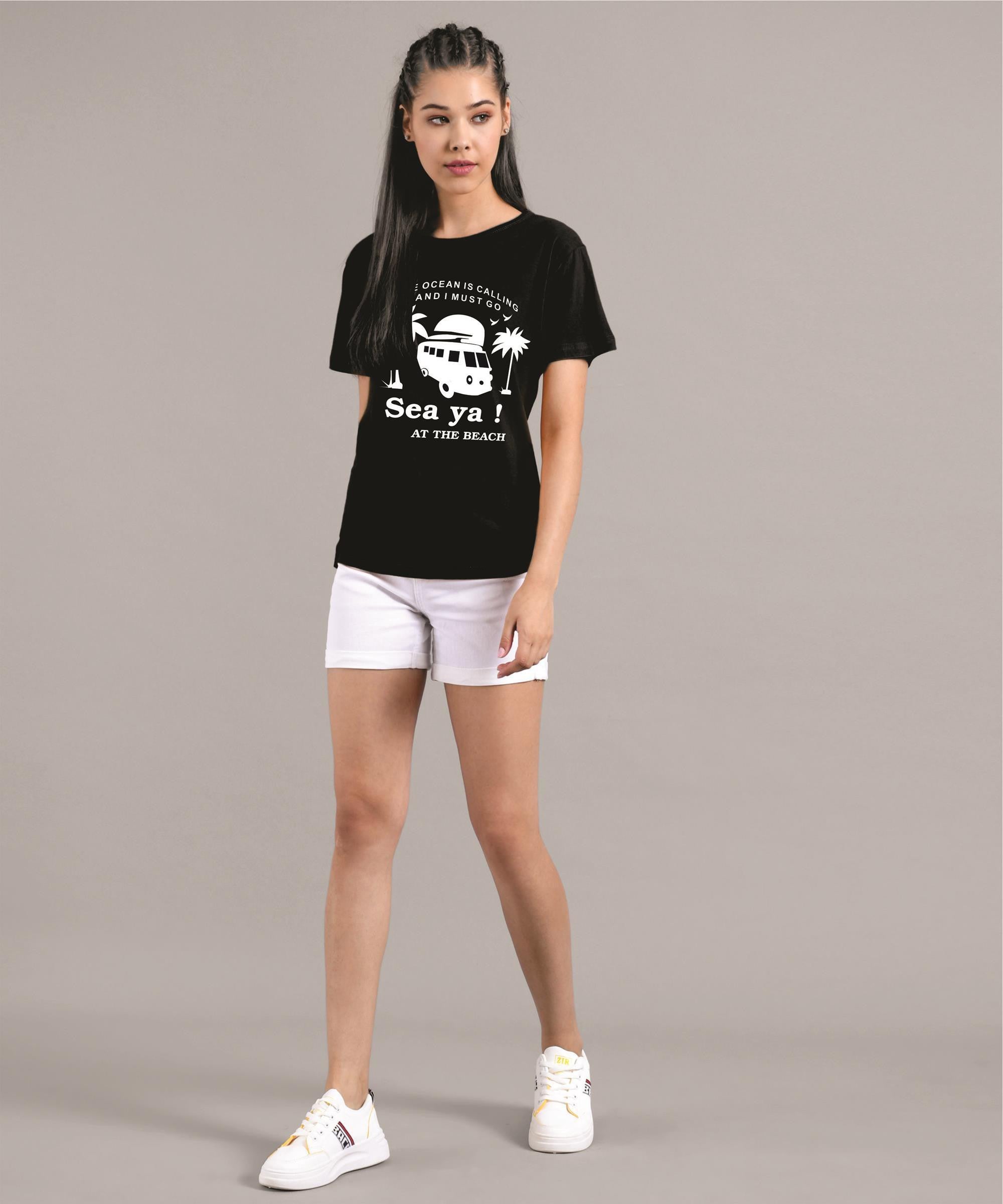 KOTTY Printed Women Round Neck Black T-Shirt 