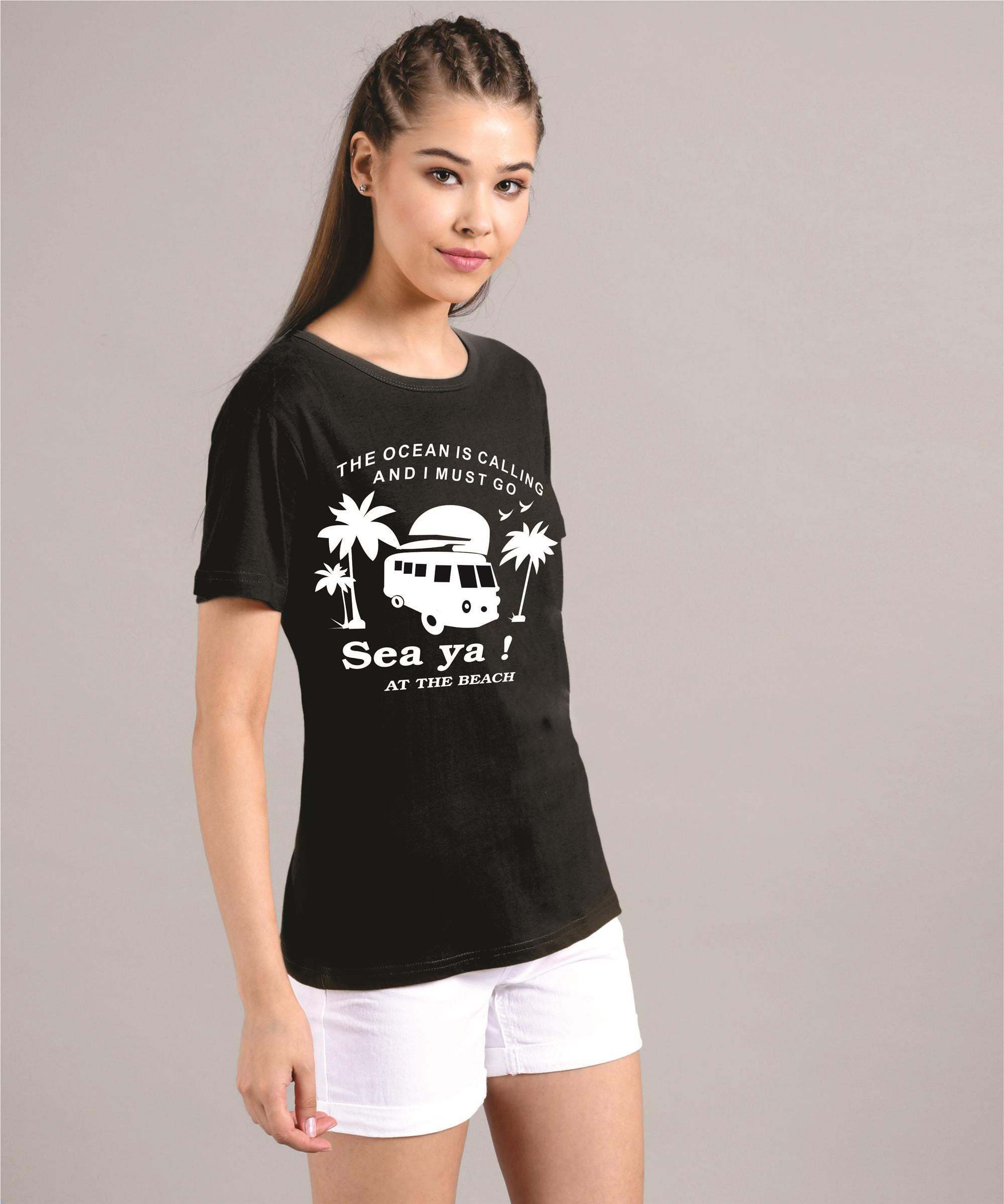 KOTTY Printed Women Round Neck Black T-Shirt 