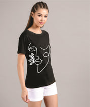KOTTY Printed Women Round Neck Black T-Shirt 