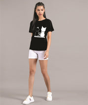KOTTY Printed Women Round Neck Black T-Shirt 