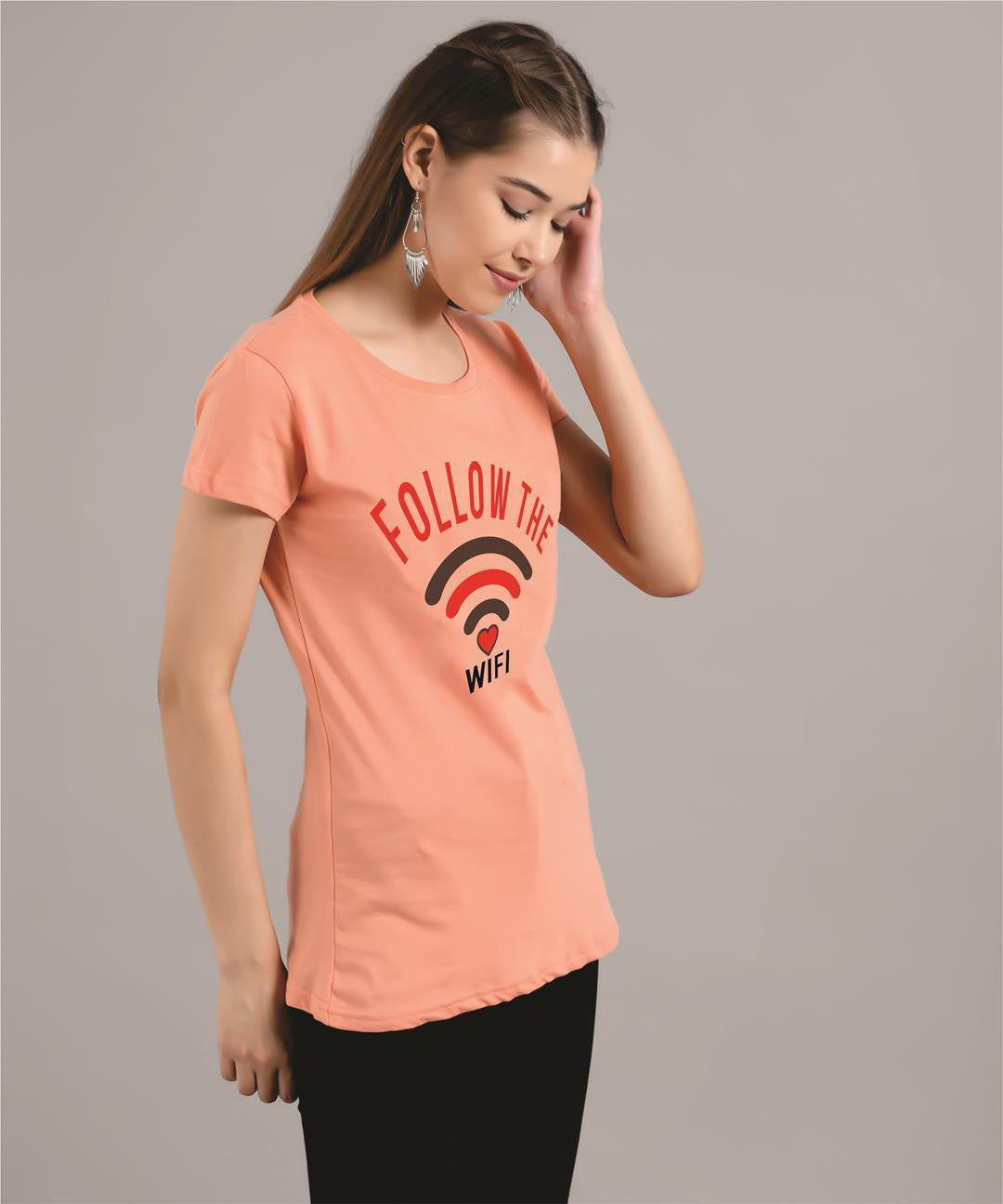 KOTTY Printed Women Round Neck Beige T-Shirt 