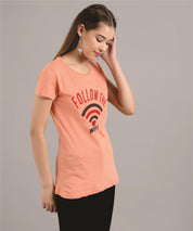 KOTTY Printed Women Round Neck Beige T-Shirt 