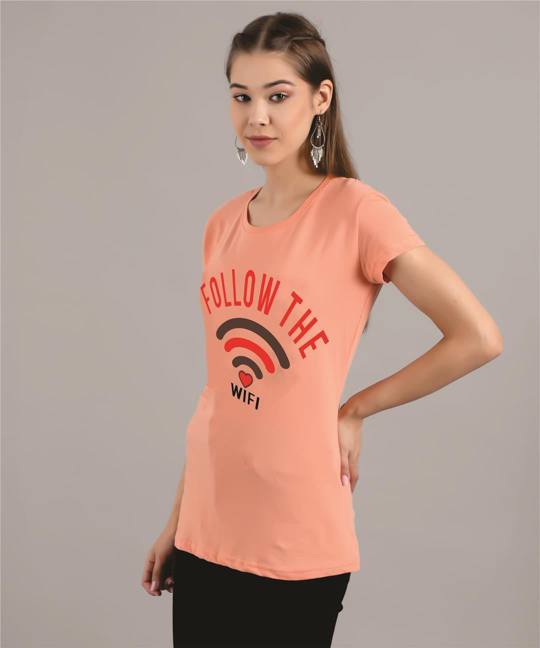 KOTTY Printed Women Round Neck Beige T-Shirt 