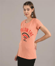 KOTTY Printed Women Round Neck Beige T-Shirt 