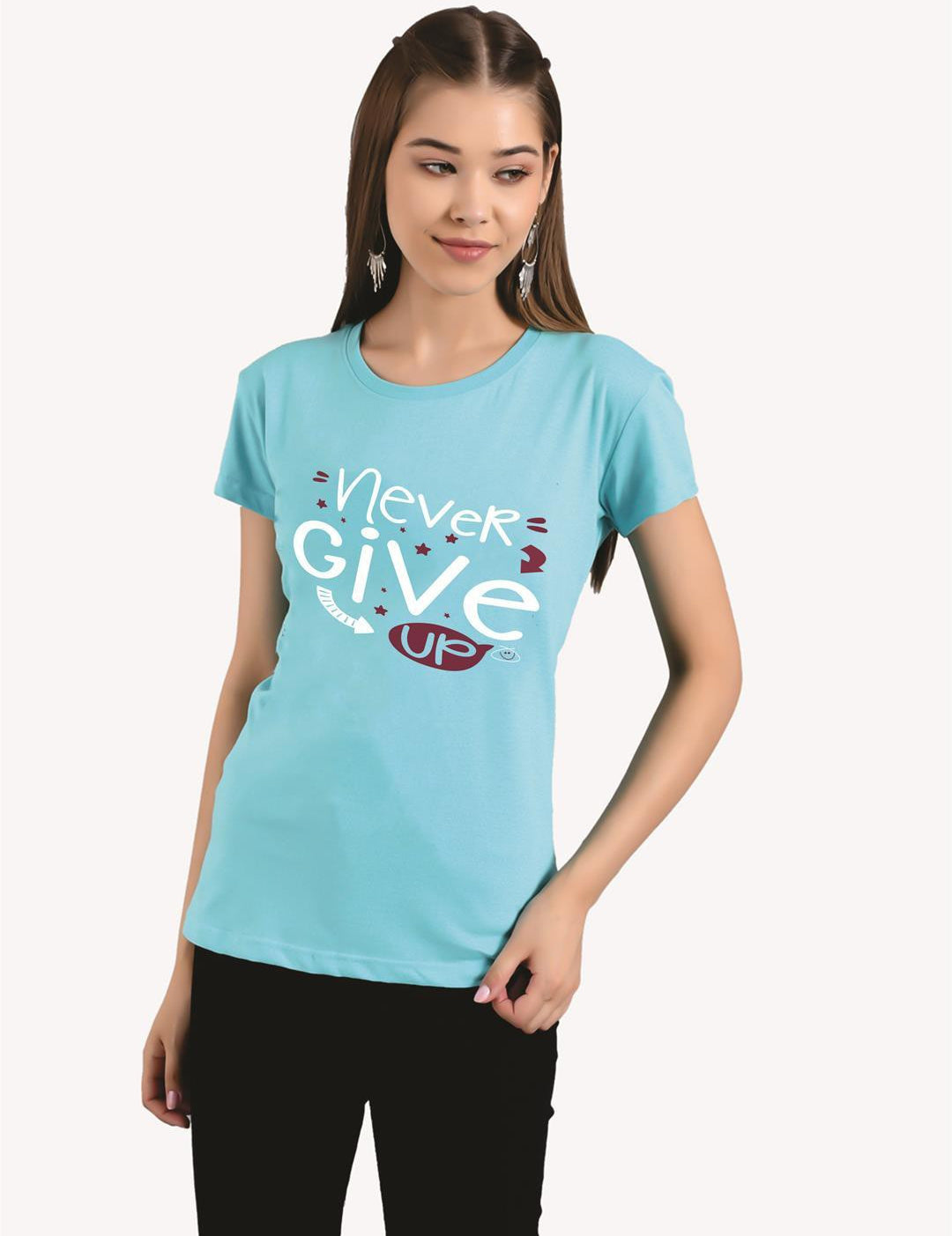 KOTTY Printed Women Round Neck Light Blue T-Shirt 