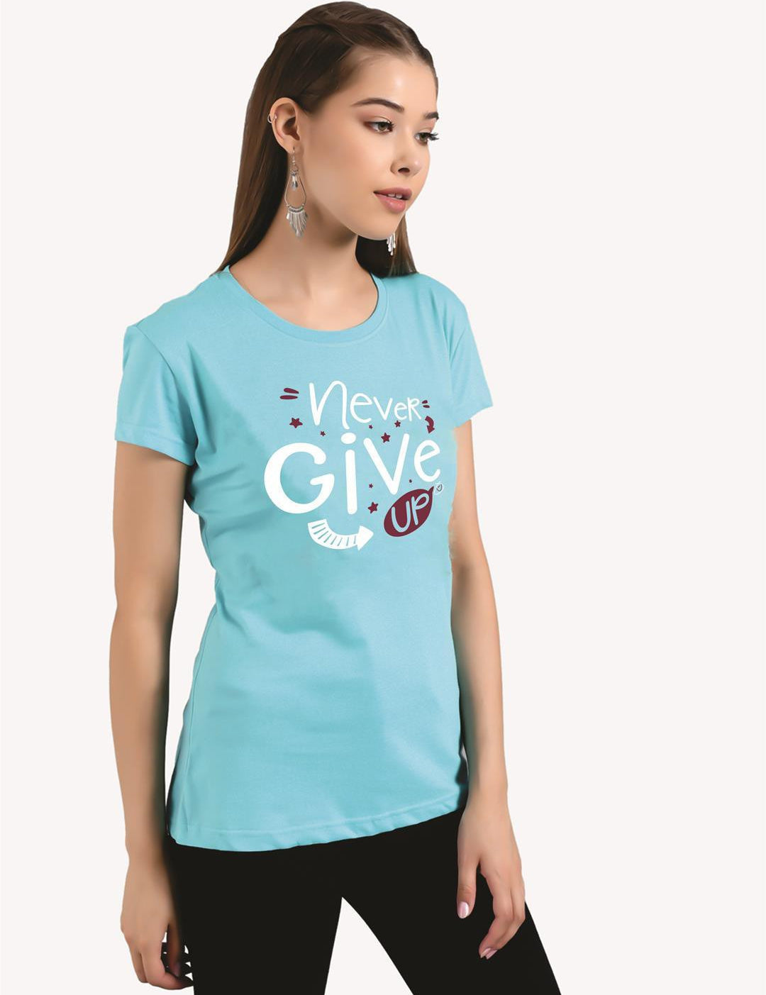 KOTTY Printed Women Round Neck Light Blue T-Shirt 