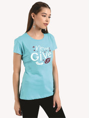 KOTTY Printed Women Round Neck Light Blue T-Shirt 