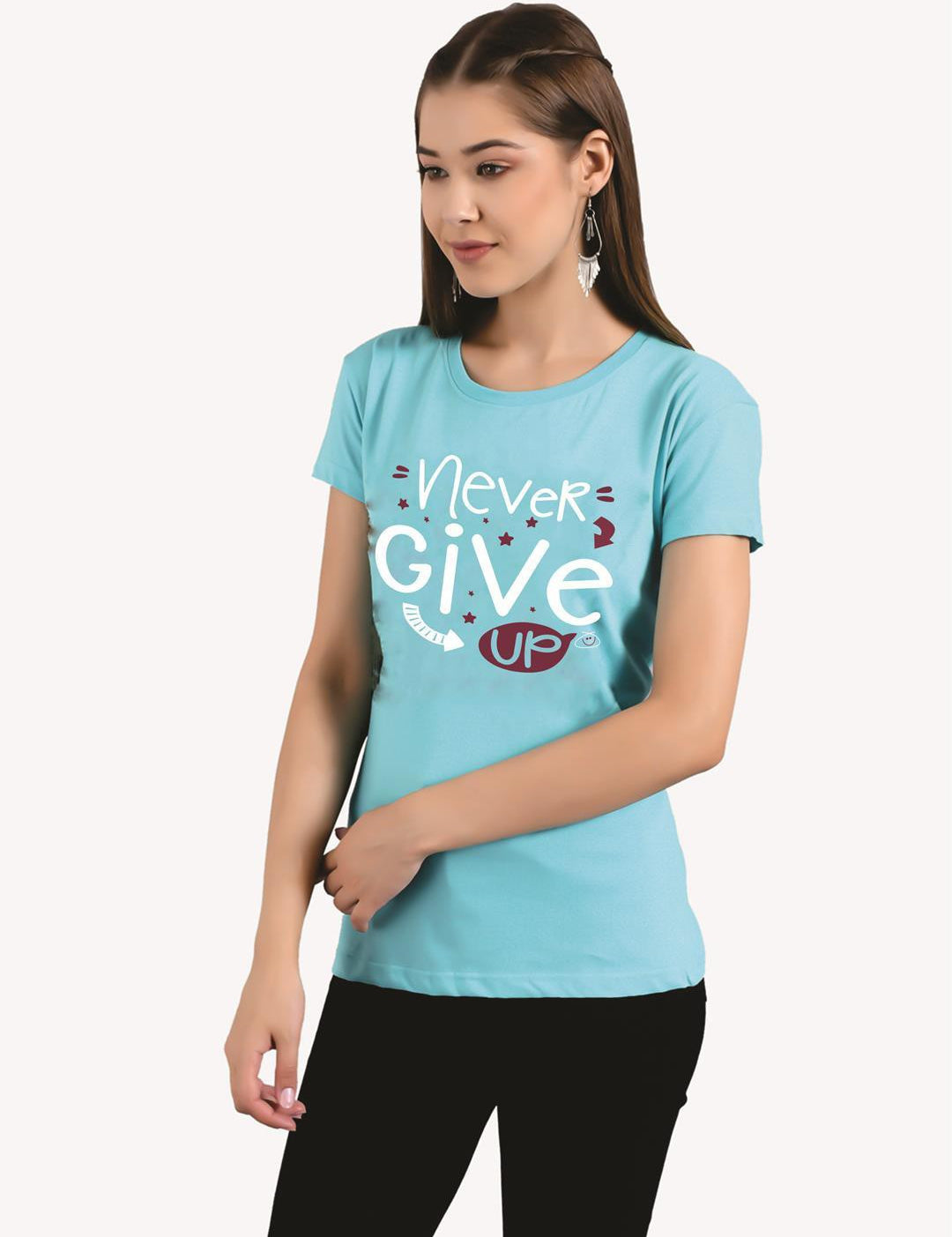 KOTTY Printed Women Round Neck Light Blue T-Shirt 
