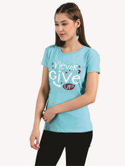 KOTTY Printed Women Round Neck Light Blue T-Shirt 
