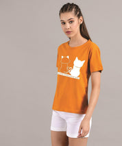 KOTTY Printed Women Round Neck Yellow T-Shirt 