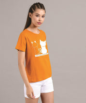 KOTTY Printed Women Round Neck Yellow T-Shirt 