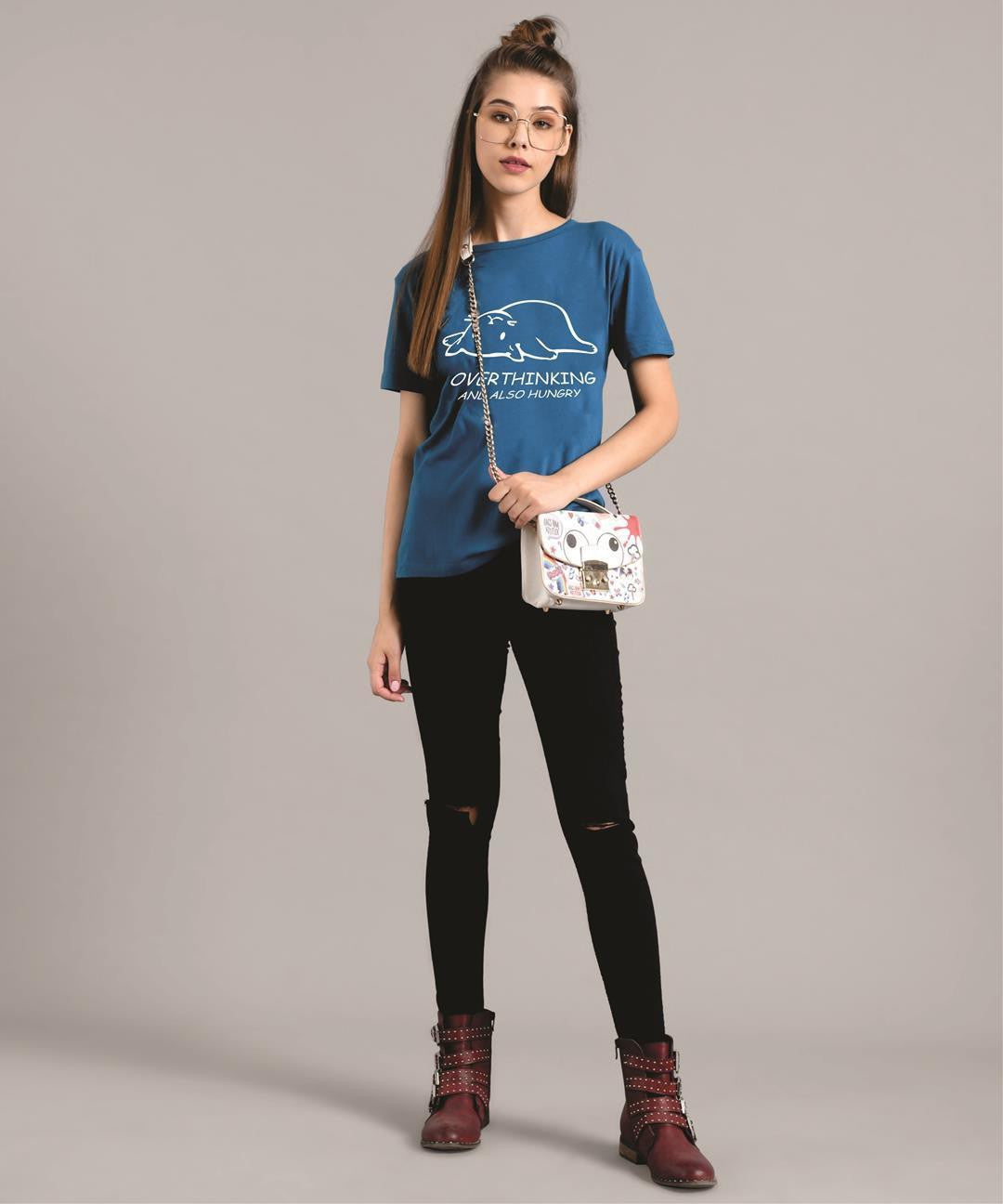 KOTTY Printed Women Round Neck Blue T-Shirt 